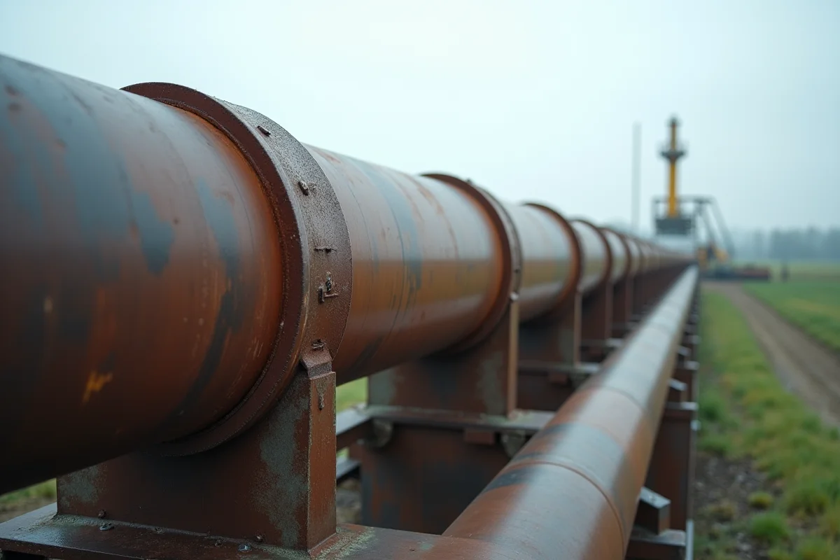 Large-diameter carbon steel pipeline on pipe racks with freshly welded joints at an outdoor industrial site