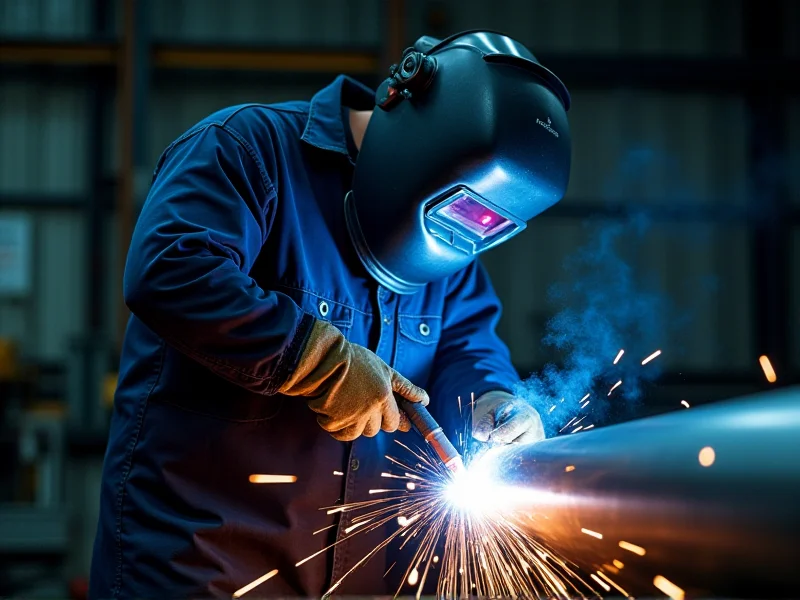 Welder in full PPE performing TIG welding on large-diameter stainless steel pipe